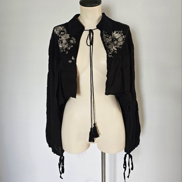 House of Harlow 1960 Tops - House Of Harlow 1960 Lace Front Tie Long Balloon Sleeve Open Cropped Blouse